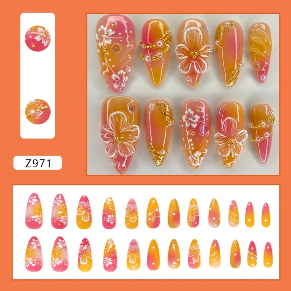 Pressed Flower Art - 24 stuks roze gradient amandelvormige nepnagels