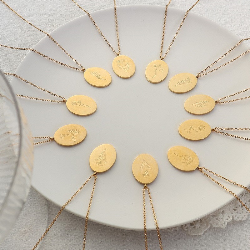 Birth Flower Necklace - Ins Nieuwe Roestvrij Staal Dubbelzijdig Gegraveerde