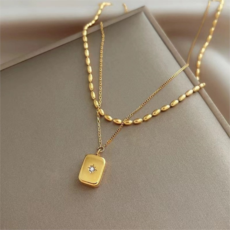 Birth Flower Necklace - ANENJERY 316L Rvs Dubbellaags Vierkante Bebaarde